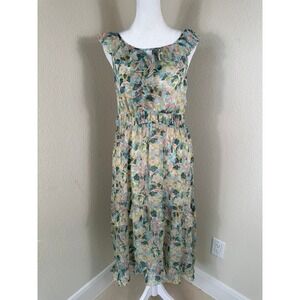 Chelsea & Violet Midi Dress Women L Green Floral Watercolor Boho Ruffle Ethereal